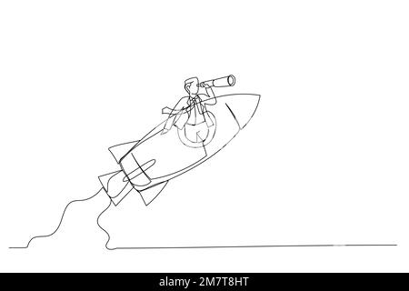 Zeichnung eines Geschäftsmanns, der das Raketenfenster mit dem Teleskop öffnet und nach vorne blickt. Unternehmergeist, Führung, um Zukunftsvision zu sehen. Einzelne Kontinuität Stock Vektor