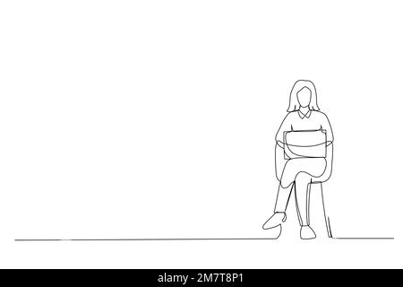 Cartoon von Happy Young Woman, die online arbeitet, auf einem Stuhl sitzt und fortlaufende Linienkunst auf einem Laptop verwendet Stock Vektor