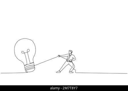 Der Cartoon eines Geschäftsmannes arbeitet hart daran, eine große Glühbirnen-Idee zu entwickeln. Innovationskonzept oder Inspirationskonzept. Strichgrafik-Stil Stock Vektor