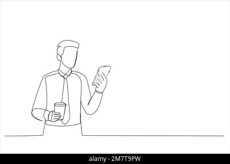 Darstellung eines Geschäftsmanns, der ein Smartphone im Freien benutzt. Einzeilige Kunst Stock Vektor