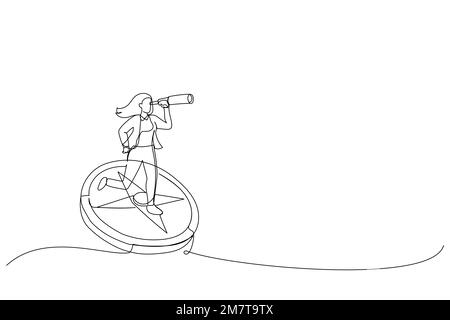 Zeichnung einer Geschäftsfrau, die auf dem Kompass steht und die Richtung zeigt. Symbol der Strategie, Zukunftsvision. Einzeiliger Kunststil Stock Vektor