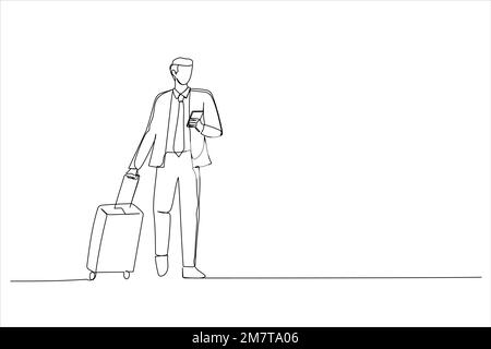Abbildung eines Mannes, der mit dem Koffer am Flughafen spaziert und ein Smartphone benutzt. Ein kontinuierlicher Strichbildstil Stock Vektor