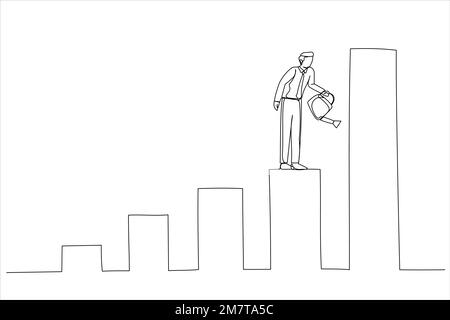 Cartoon eines ambitionierten Geschäftsmannes, der Wasser gießt, um eine Diagrammpflanze anzubauen. Steigern Sie Ihr Geschäft, Ihren Investitionsgewinn, Ihr Wachstum. Strichgrafik-Stil Stock Vektor