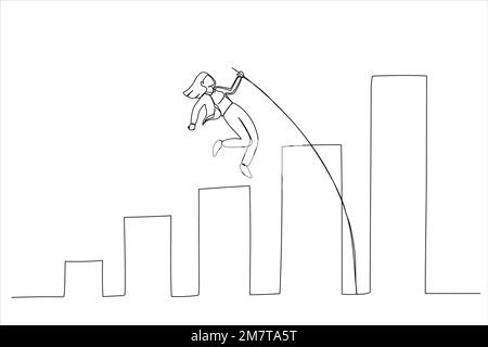 Zeichnung einer Geschäftsfrau, die über ein Balkendiagramm springt. Geschäftswachstum, Verbesserung. Einzeiliger Kunststil Stock Vektor