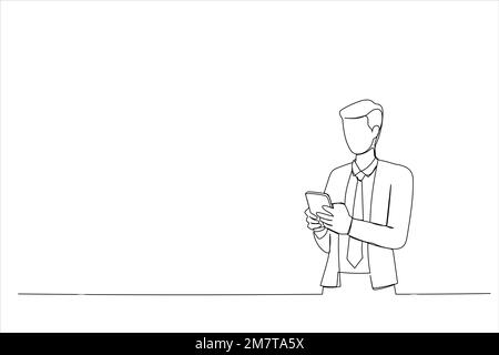 Zeichnung eines Geschäftsmanns mit Handy. Gespräche führen, sms schreiben oder Präsentationen halten. Einzeiliger Kunststil Stock Vektor