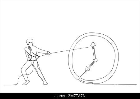 Zeichnung eines Geschäftsmanns, der die Zeit anhalten will. Metapher "Stoppzeit". Einzeiliger Kunststil Stock Vektor