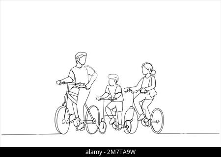 Cartoon von Familienvater und -Mutter, die ihrem Sohn Fahrradfahren beibringen. Einteilige, durchgehende Strichart Stock Vektor