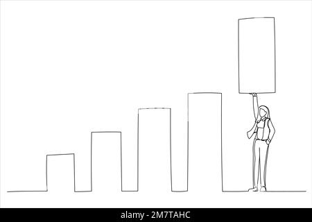 Durch das Zeichnen einer selbstbewussten Geschäftsfrau können Sie die Balkendiagramme auf ein neues Niveau heben. Umsatzsteigerung oder Umsatzsteigerung. Einzeiliger Kunststil Stock Vektor