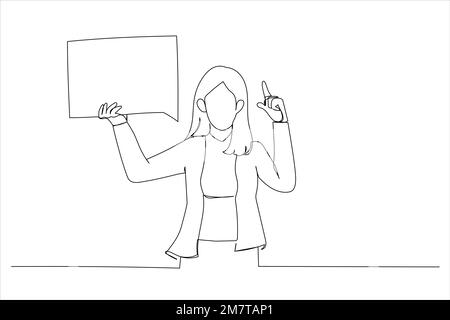 Zeichnung einer Geschäftsfrau, die eine leere Sprechblase hält, mit dem Finger nach oben zeigt, Kopierraum. Einzeiliger Kunststil Stock Vektor
