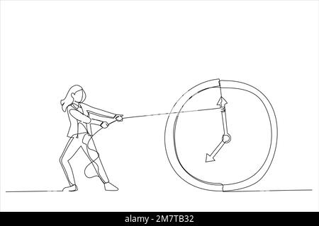 Zeichnung einer Geschäftsfrau, die versucht, die Zeit zu verlangsamen und aufzuhalten. Metapher "Stoppzeit". Einzeiliger Kunststil Stock Vektor