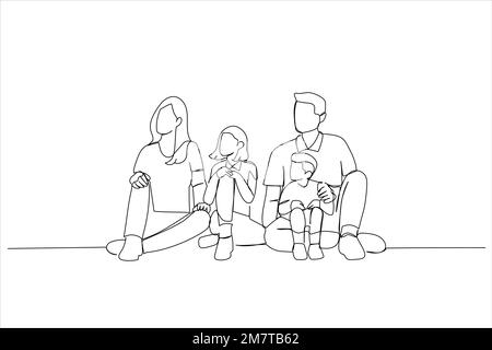 Abbildung einer glücklichen Familie mit zwei Kindern, die in einem neuen Zuhause spielen. Einzeilige Kunst Stock Vektor