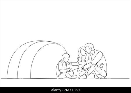 Comic mit einer glücklichen Familie, die während eines Campingausflugs in der Natur spielt. Zelt auf dem Campingplatz. Strichgrafiken Stock Vektor