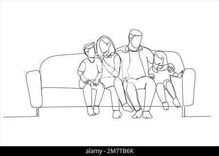 Cartoon von liebevollen jungen Eltern, die sich auf dem Sofa entspannen, kleine Kinder kuscheln. Strichgrafiken Stock Vektor