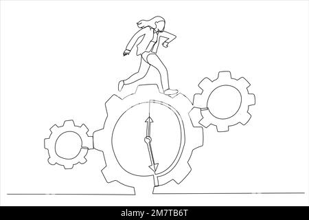 Abbildung einer Geschäftsfrau, die mit einer Uhr an einem Zahnrad herumläuft. Zeitsteuerungskonzept. Einzeiliger Kunststil Stock Vektor