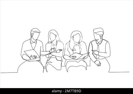 Ein Cartoon von Geschäftsleuten sitzt in der Nähe einer Versammlung. Strichgrafiken Stock Vektor