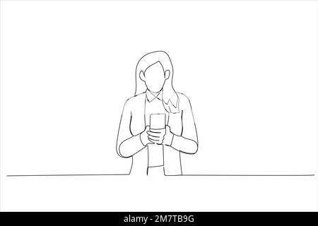 Zeichnung einer jungen Frau, die sein Telefon benutzt, während sie steht. Einzelne durchgehende Strichgrafiken Stock Vektor