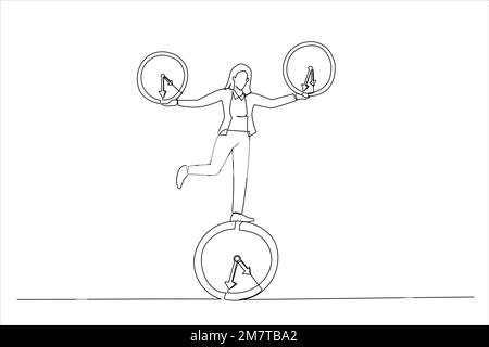 Zeichnung einer Geschäftsfrau, die alle Zeitstücke balanciert. Work-Life-Balance oder Kontrolle der Projektzeit und des Zeitplans. Einzelne durchgehende Strichgrafiken Stock Vektor