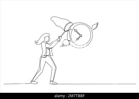 Cartoon der Geschäftsfrau, beeilt euch, die fliegende Uhr zu fangen. Zeitmangel und Konzept für Projekttermine. Strichgrafiken Stock Vektor