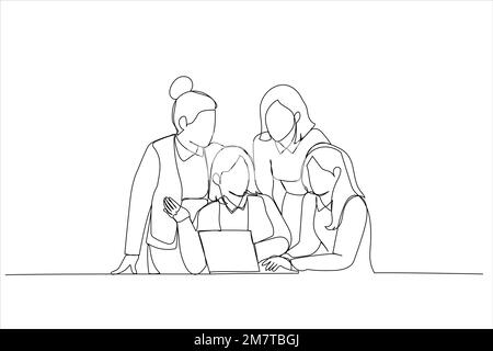 Illustration: Weibliches Team im Büro interagiert beim Brainstorming. Einzeilige Kunst Stock Vektor