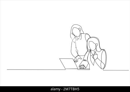 Cartoon von zwei glücklichen Geschäftsfrauen, die an einem Desktop-PC im Büro arbeiten. Einteilige, durchgehende Strichart Stock Vektor