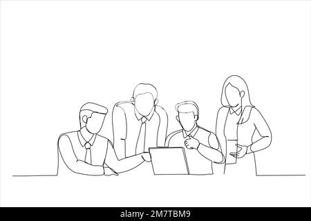 Zeichentrickfilm mit Geschäftsleuten, die an einem neuen Projekt arbeiten und sich Statistiken auf einem Notebook ansehen. Strichgrafik-Stil Stock Vektor
