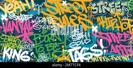 Farbenfrohe Graffiti-Wandkunst Hintergrund Street Art Hip-Hop Urban Vector Illustration Hintergrund. Nahtloser Hintergrund für fantastische Graffiti-Kunst Stock Vektor