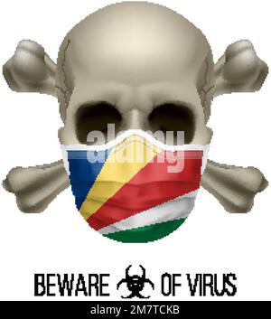 Menschlicher Schädel mit Kreuz und Operationsmaske in der Farbe der Nationalflagge Seychellen. Maske in Form von Fahne und Schädel als Konzept der Dirre Warning Stock Vektor