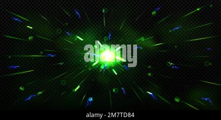 Grünes Licht mit Lichtreflexion, leuchtendem Burst mit Strahlen, Glitzern, Lichtern und Bokeh. Abstrakter Hintergrund mit Effekt von schneller Bewegung oder Lichtblitz, vektorrealistische Darstellung Stock Vektor