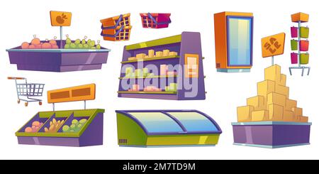 Regale und Ausstellungsstücke im Supermarkt, Lebensmittelgeschäft, Großhandel. Markt steht für Produkte und Waren, Körbe, Wagen und Kühlschrank, Vektorset im zeitgenössischen Stil, isoliert auf weißem Hintergrund Stock Vektor