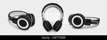 Kopfhörer für Musikhören, Stereosound, Audio. DJ-Headset, moderne schwarz-weiße kabellose Kopfhörer in der oberen, seitlichen und Winkelansicht, Vektorrealistisches Set isoliert auf transparentem Hintergrund Stock Vektor