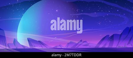 Marsoberfläche, fremde Planetenlandschaft mit Sand oder Staubsturm. Cartoon-Hintergrund mit leeren Felsen, großer Mondkugel und Sterne scheinen am dunklen Nachthimmel. Darstellung des Vektors des Hintergrundinhalts mit Leerzeichen Stock Vektor