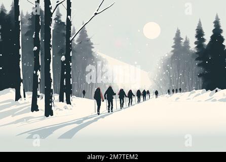 Gruppe von Personen, die Schneeschuhwanderungen im Winterwald genießen Stockfoto