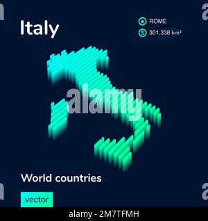 Isometrische 3D-Vektor-Karte für Italien in türkisfarbenen Farben auf dunkelblauem Hintergrund. Stilisiertes Kartensymbol Italiens. Infografik Stock Vektor