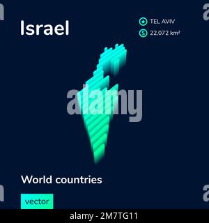 3D Karte Israels. Stilisierte, gestreifte, isometrische Vektorkarte Israels ist in Neongrün und Mint-Farben auf dunkelblauem Hintergrund Stock Vektor