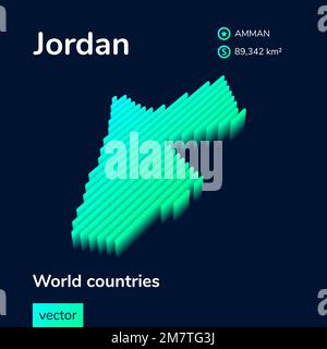 Stilisierte isometrische 3D-Vektorkarte von Jordan in minttürkisfarbenen Farben auf dunkelblauem Hintergrund. Poster zur Geografie-Studie, Infografik. Stock Vektor
