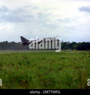 Die rechte Seitenansicht eines Marine Attack Squadron 513 (VMA-513) AV-8A Harrier-Flugzeugs, das vertikal von einem Feld abhebt. Basis: Camp Smith Bundesstaat: Hawaii (HI) Land: Vereinigte Staaten von Amerika (USA) Stockfoto