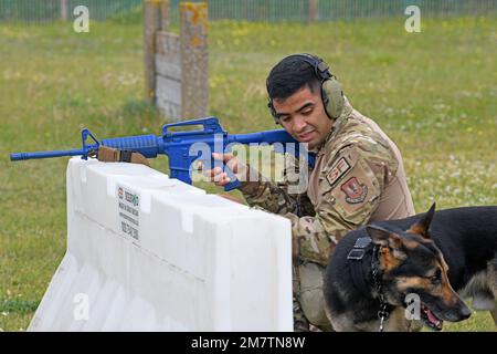 Das 100. Sicherheitsgeschwader veranstaltete am 13. Mai 2022 in der Royal Air Force Mildenhall in England einen Working Dog-Wettbewerb. Der MWD-Wettbewerb fand in Anerkennung der National Police Week statt, einer Zeit, um denjenigen zu gedenken, die ihr Leben in Ausübung ihrer Pflicht opferten. (USA Air Force Tech. Sgt. Mackenzie Mendez) Stockfoto