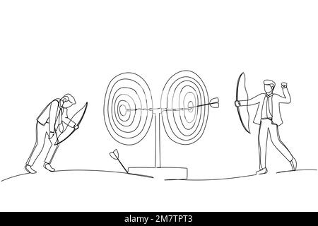 Darstellung von Geschäftsleuten, die Ziele mit Bogen und Pfeilen anvisieren. Metapher für Zielmarketing im Wettbewerb. Einzeiliger Kunststil Stock Vektor