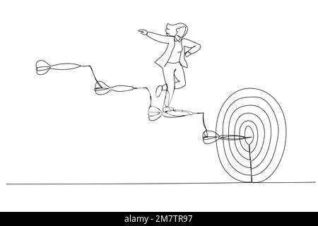 Die Zeichnung einer Geschäftsfrau geht die Treppe mit Pfeilen zum Ziel hinauf. Konzept des Geschäftspfads zum Ziel. Einzelne durchgehende Strichgrafiken Stock Vektor