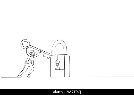 Cartoon mit einer klugen Geschäftsfrau, die den Schlüssel hält, um das Pad zu entriegeln. Metapher für Problemlösung, Lösungen und Business Accessibility. Durchgehende Linie Stock Vektor