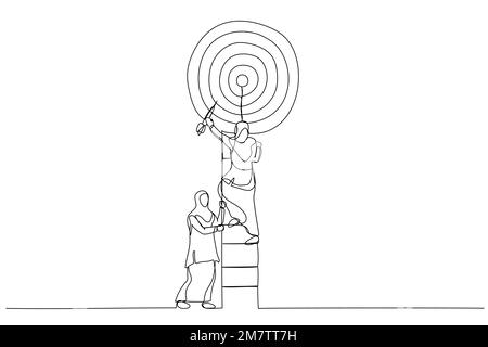 Zeichnung einer Geschäftsfrau klettert auf eine Leiter im Ziel. Metapher für Teamwork. Ein kontinuierlicher Strichbildstil Stock Vektor