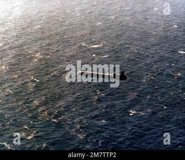 Eine Luft-Luft-Ansicht von links auf eine luftgestartete Kreuzfahrtrakete (ALCM) über dem Ozean. Land: Unbekannt Stockfoto
