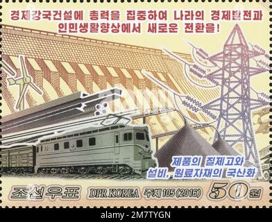 2016 Nordkorea-Stempel. Kim Jong-uns Neujahrsrede Stockfoto