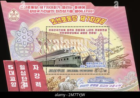 2016 Nordkorea-Stempel. Kim Jong-uns Neujahrsrede Stockfoto