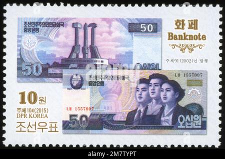2015 Nordkorea Stempelsatz. Banknoten der DVRK. 50 Won. Junge Profis. Denkmal der Gründung der Arbeiterpartei Koreas Stockfoto