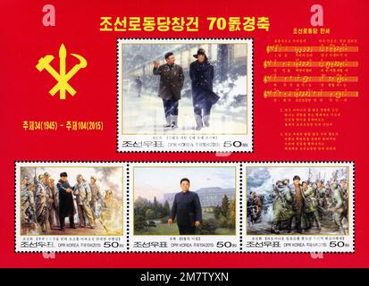 2015 Nordkorea-Stempel. 70. Jahre Gründung der Arbeiterpartei Koreas. Kim Jong Il. Ölgemälde Stockfoto
