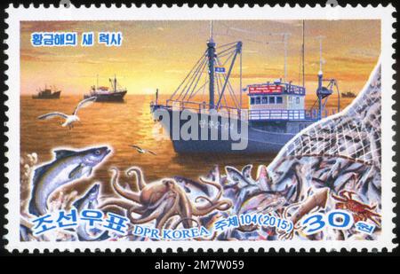 2015 Nordkorea Stempelsatz. Ausbau der Fischwirtschaft Stockfoto