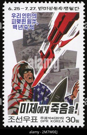 2015 Nordkorea Stempelsatz. Antiamerikanischer Monat. „Tod den US-Imperialisten“ Stockfoto