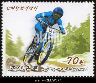 2015 Nordkorea Stempelsatz. Sport - Radfahren. Mountainbike Stockfoto