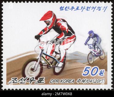 2015 Nordkorea Stempelsatz. Sport - Radfahren. BMX Super Cross Stockfoto